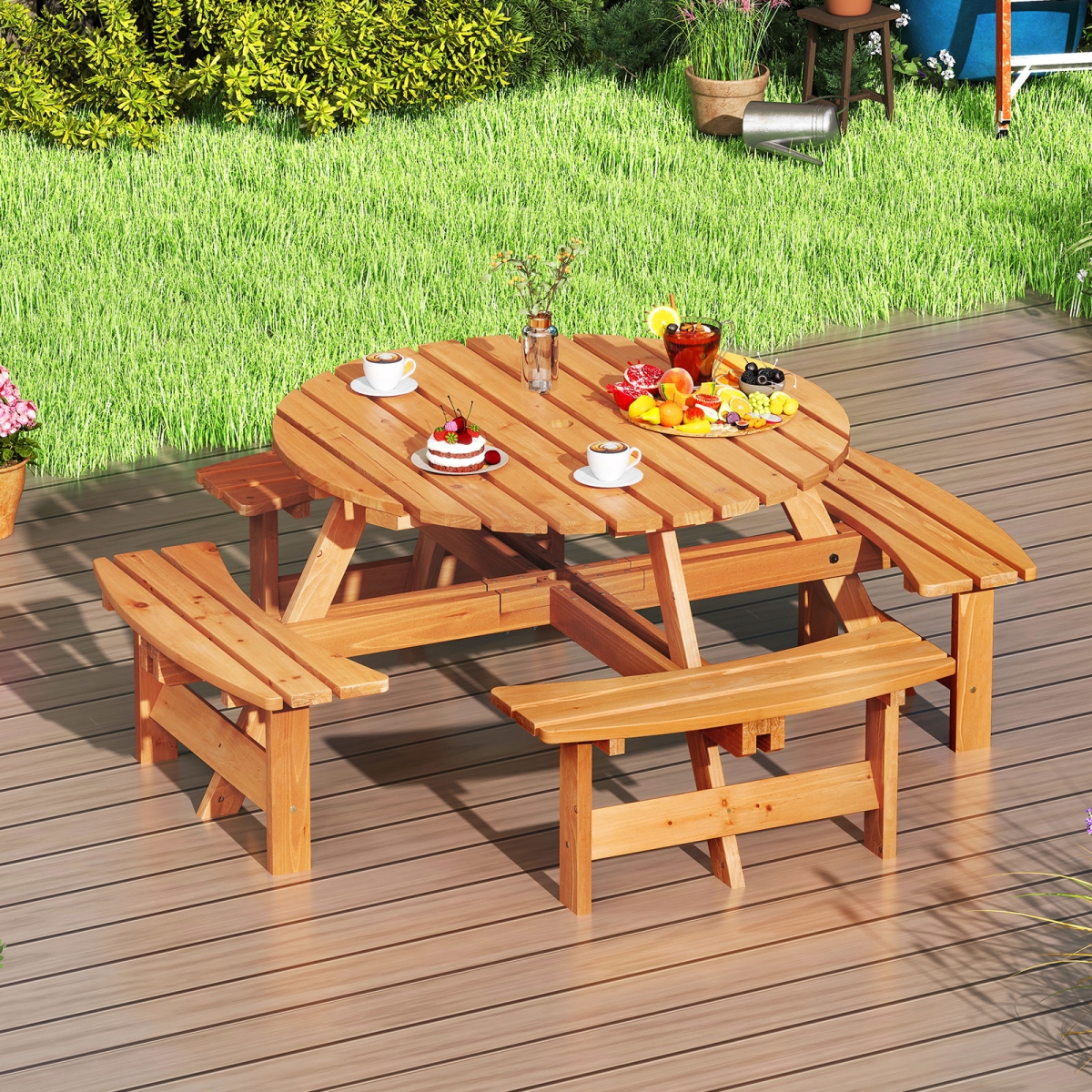 NP12321YW- 8-Person Round Picnic Table Set with Circular Patio with Benches - Yellow