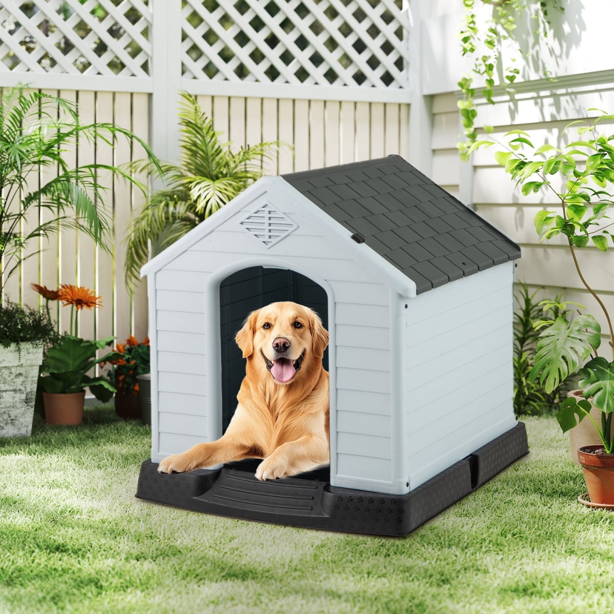 PS7065GR-M Dog House for Small Dogs Waterproof Plastic with Elevated Floor - Medium