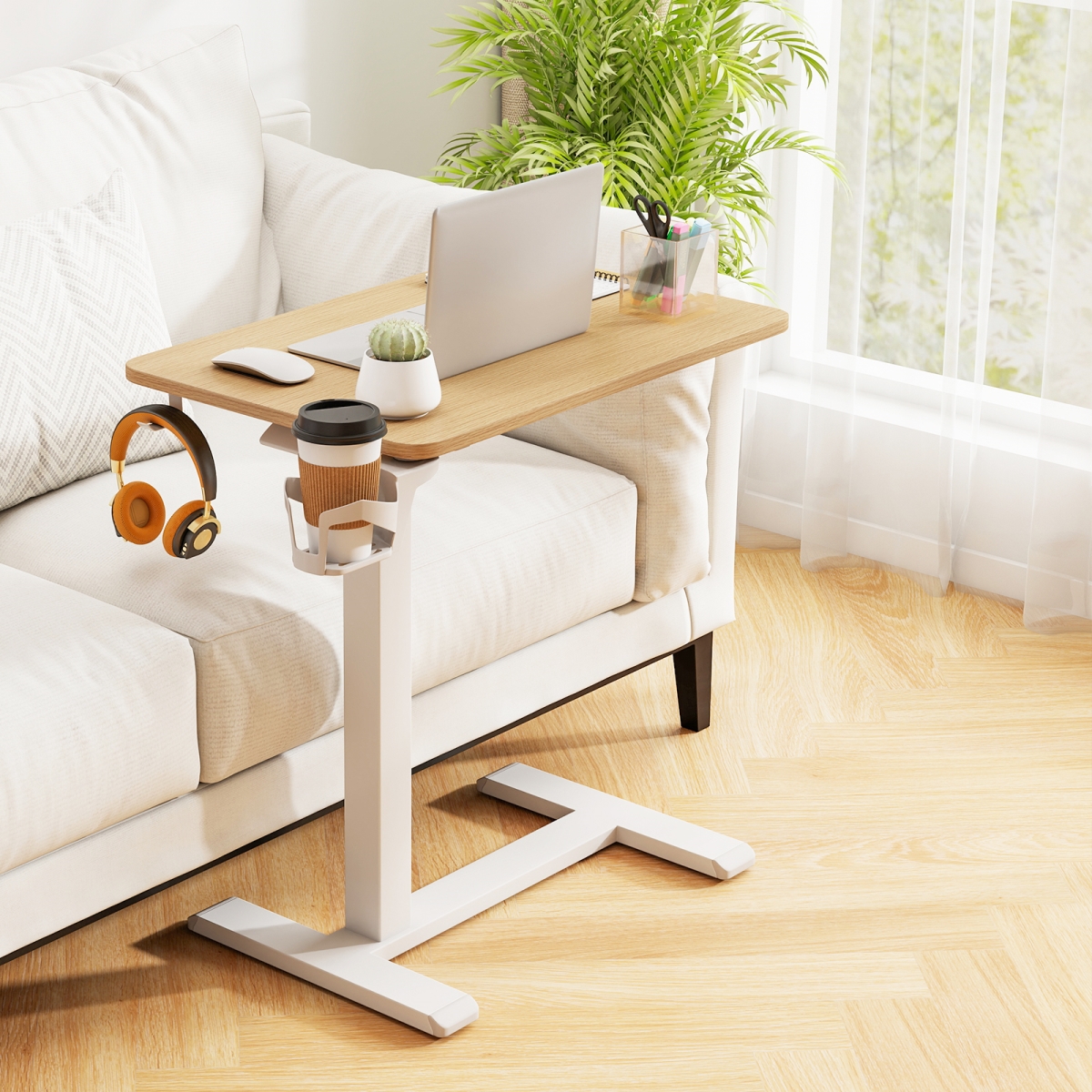 JV12724NA Mobile Standing Desk Height Adjustable Overbed Bedside Table with Cup Holder - Natural