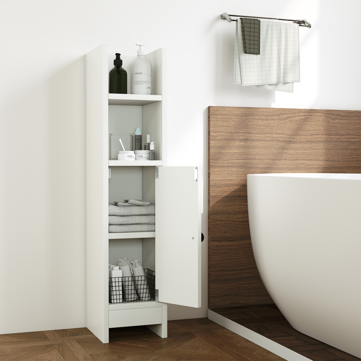 JV12868WH Bathroom Slim Cabinet Corner with Door & Adjustable Shelf - White