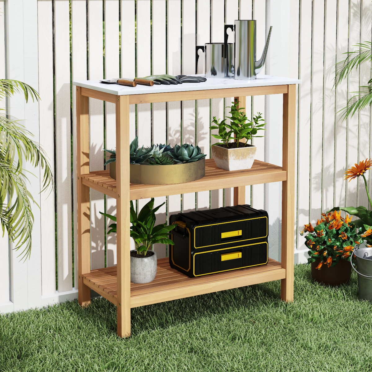 JV12951 3-Tier Garden Potting Bench Table with Marble-Like Countertop