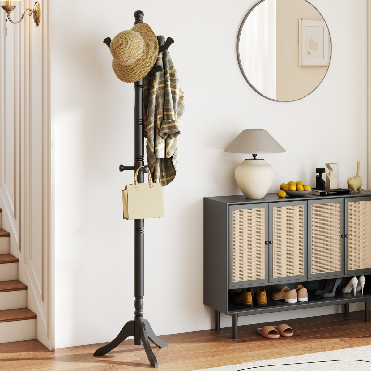 JV13003BK Solid Wood Hall Tree with 11 Hooks & 3 Height Options for Entryway - Black