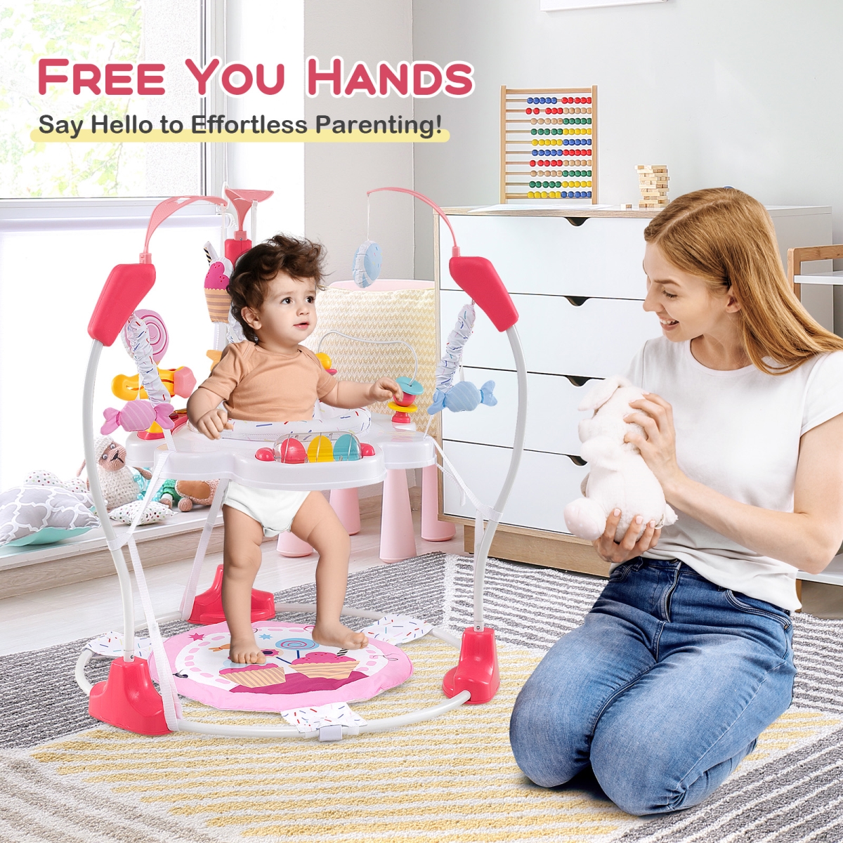 BC10198PI Activity Center Height Adjustable Baby Bouncing Saucer with Interactive Toys - Pink