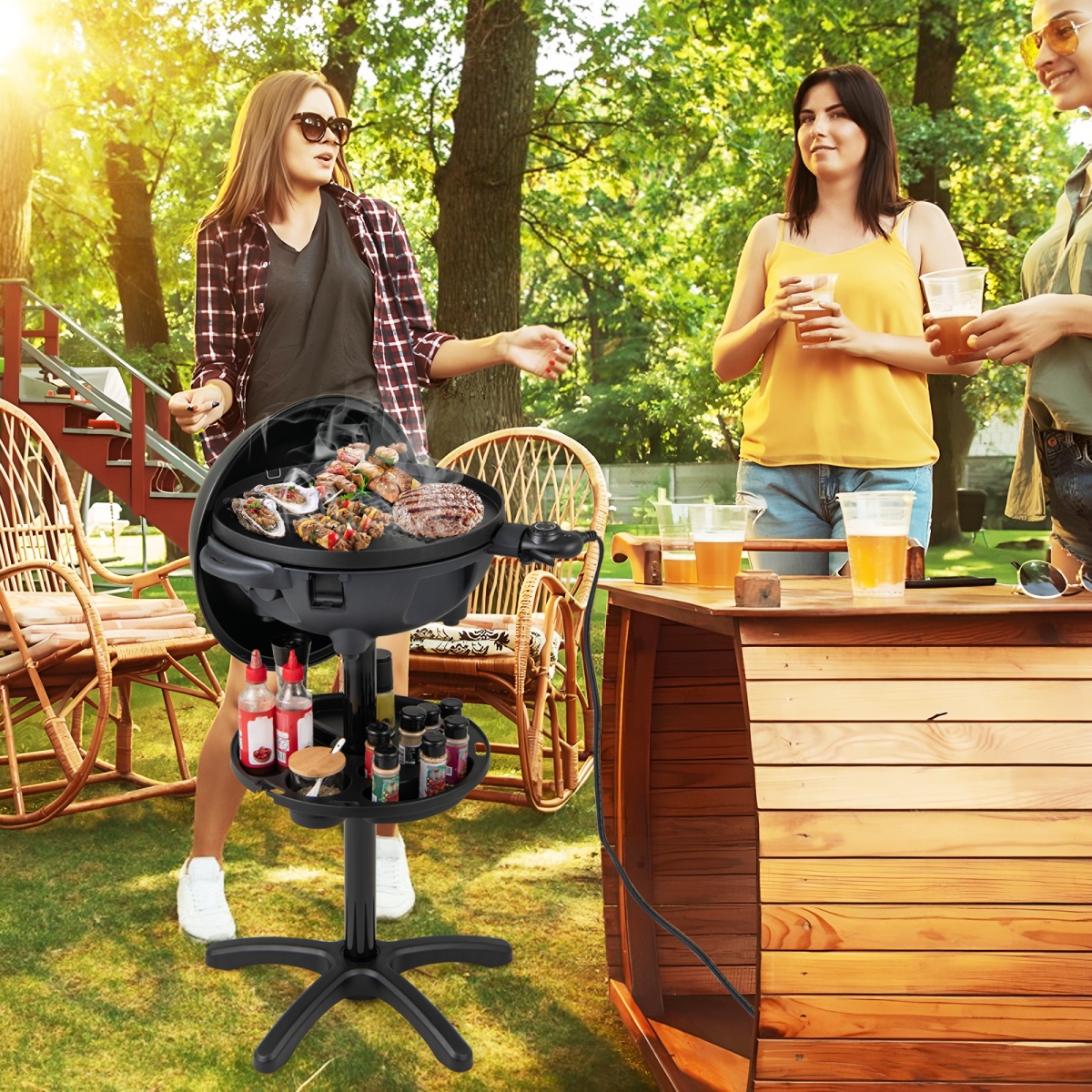 ES10462US-DK Electric BBQ 1200 watt Indoor Outdoor Grill with 2-Zone Non-Stick Grilling Plate - Black