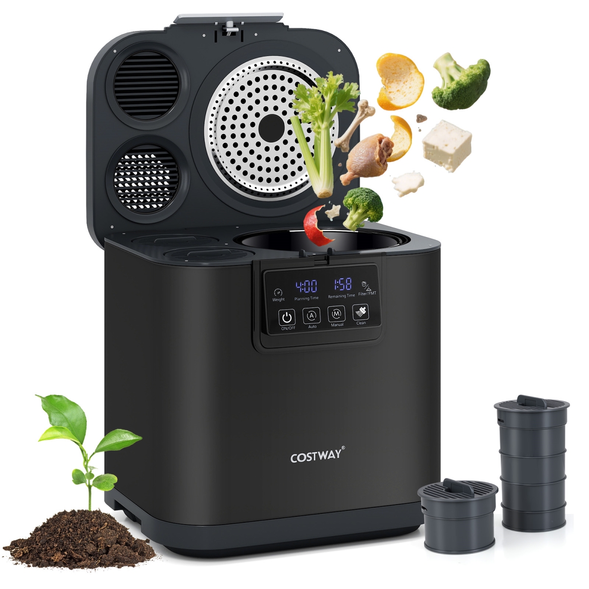 ES10482US-BK 4 L Electric Composter with Lid & LED Display for Kitchen - Black