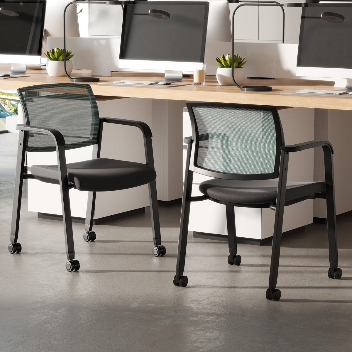 CB10543GR-2 Stackable Rolling Office Chairs with Mesh Backrest - Gray - Set of 2