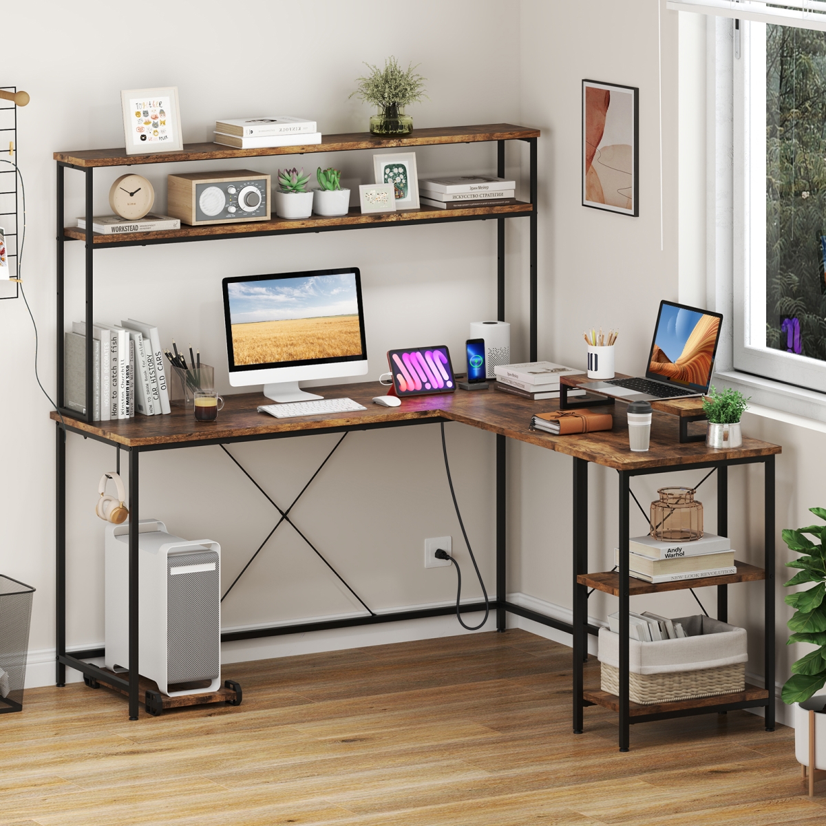 CB10592US-CF L-Shaped Reversible Gaming Desk with LED Strip & Power Outlets Hutch Monitor Stand - Rustic Brown