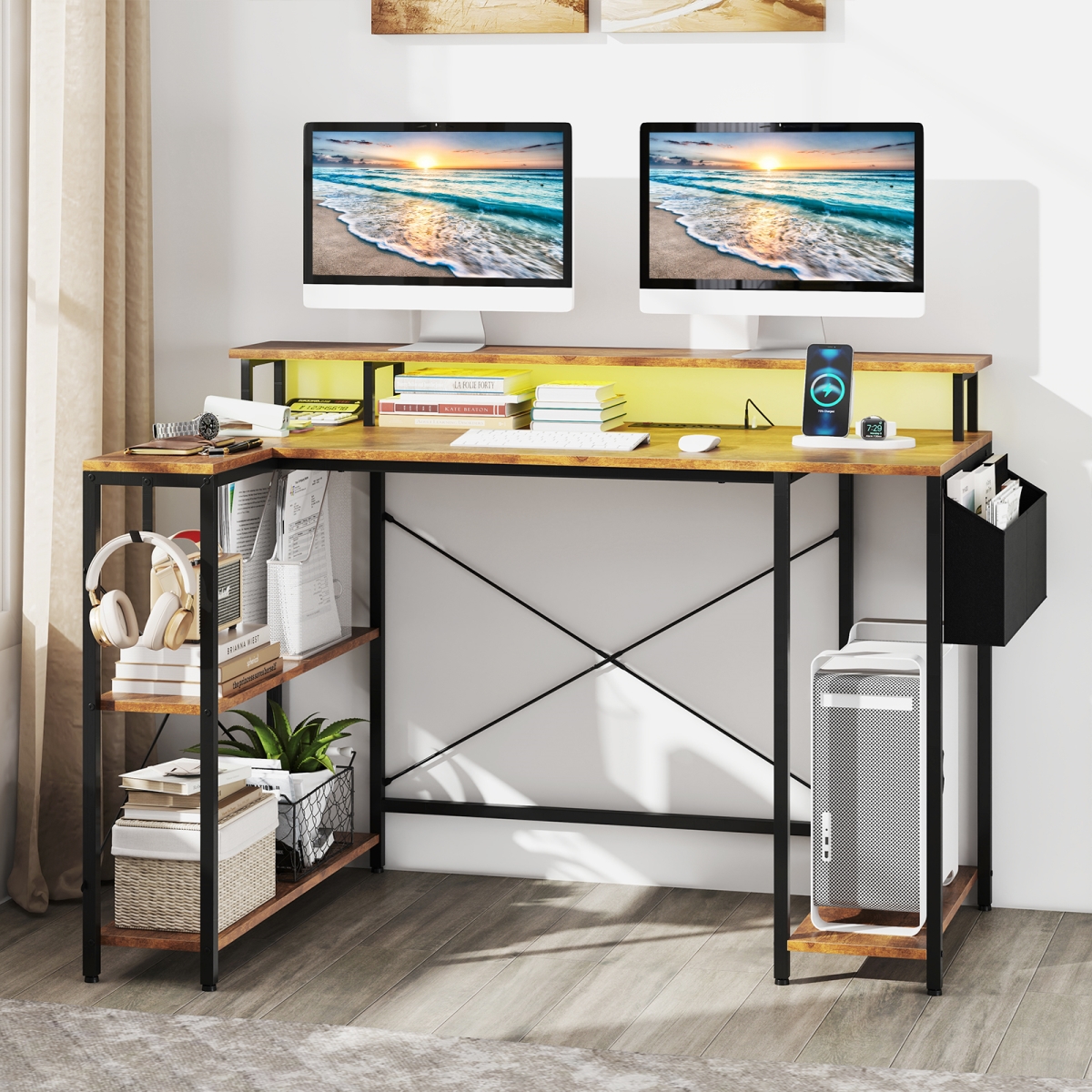 CB10594US-CF L-Shaped Gaming Desk with LED Lights & Power Outlets - Rustic Brown