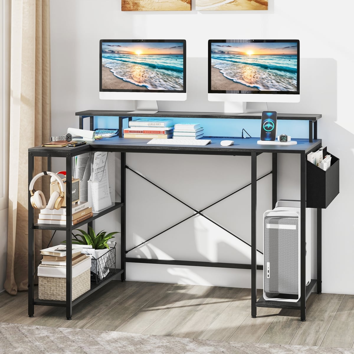 CB10594US-DK L-Shaped Gaming Desk with LED Lights & Power Outlets - Black