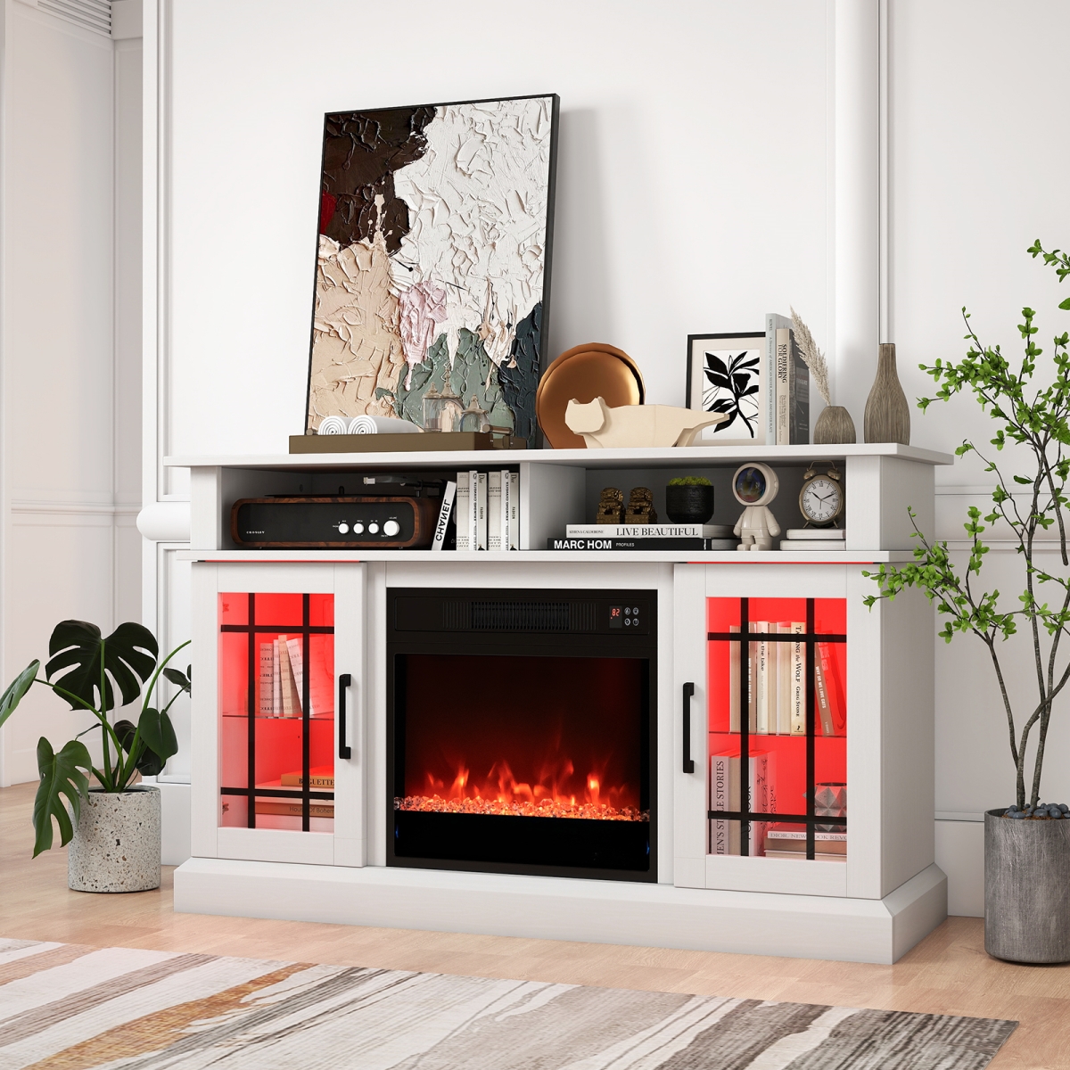 FP10887US-WH TV Stand with Electric Fireplace LED Lights & Remote Controls for TVs Up to 40 in. - White