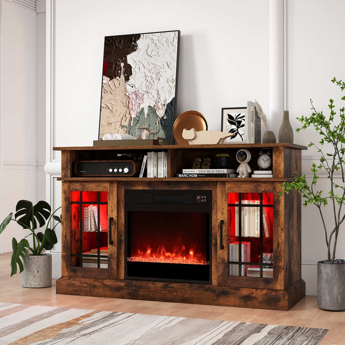 FP10887US-CF TV Stand with Electric Fireplace LED Lights & Remote Controls for TVs Up to 40 in. - Rustic Brown