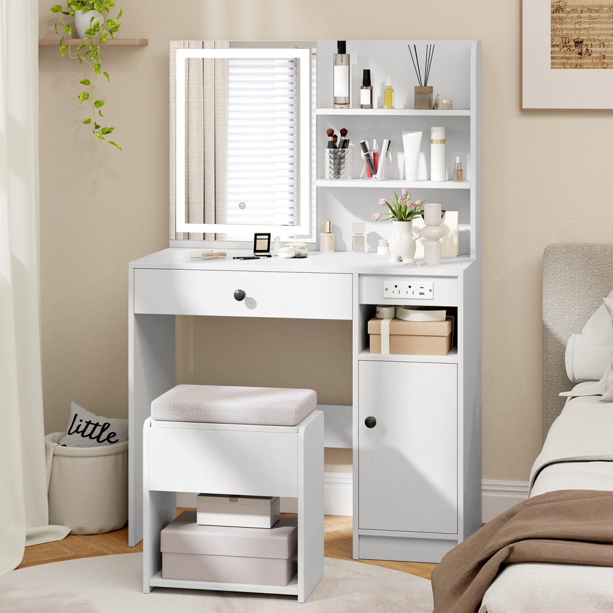 HU10763USWH- Vanity Desk with Mirror & Lights - White