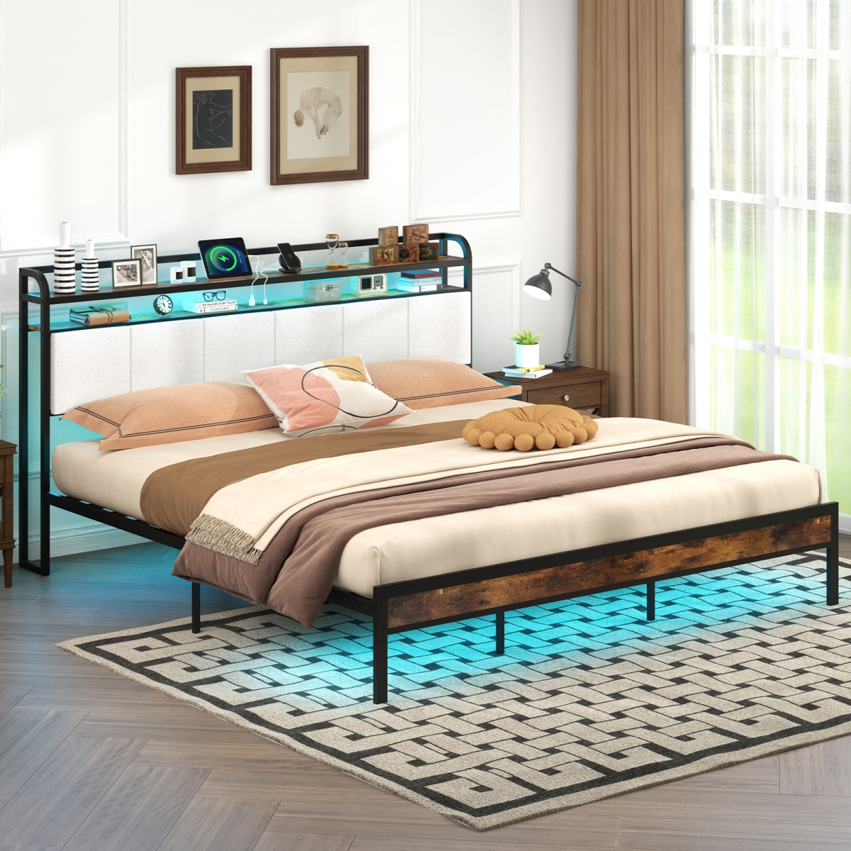 HU10816GRK- Bed Frame with LED Light & Charging Station - King Size