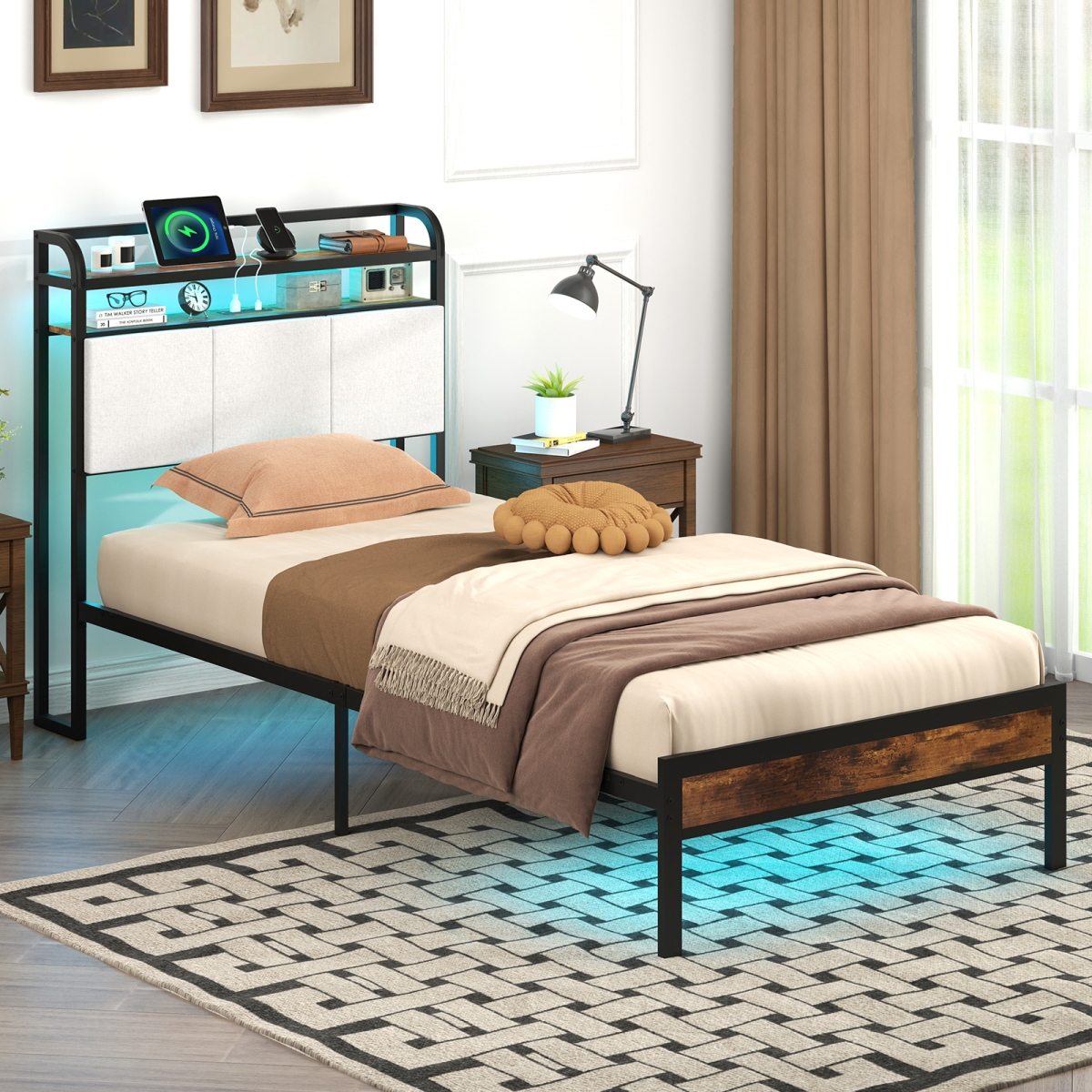 HU10816GR-T Bed Frame with LED Light & Charging Station - Twin Size