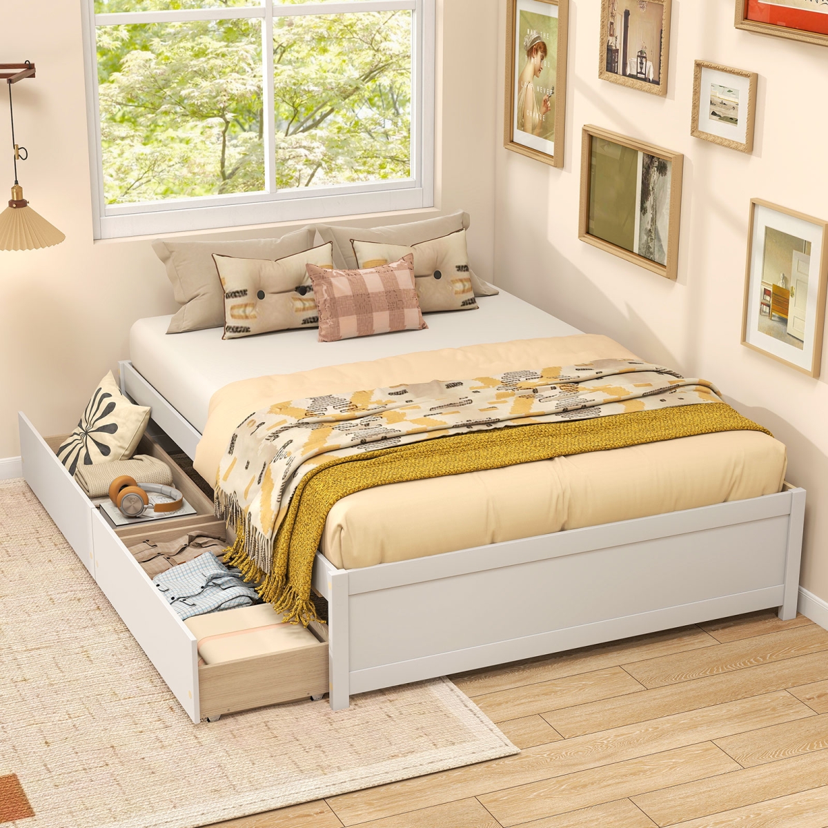 HU11165WH-F Full Size Wooden Bed Frame with 2 Rolling Storage Drawers - White
