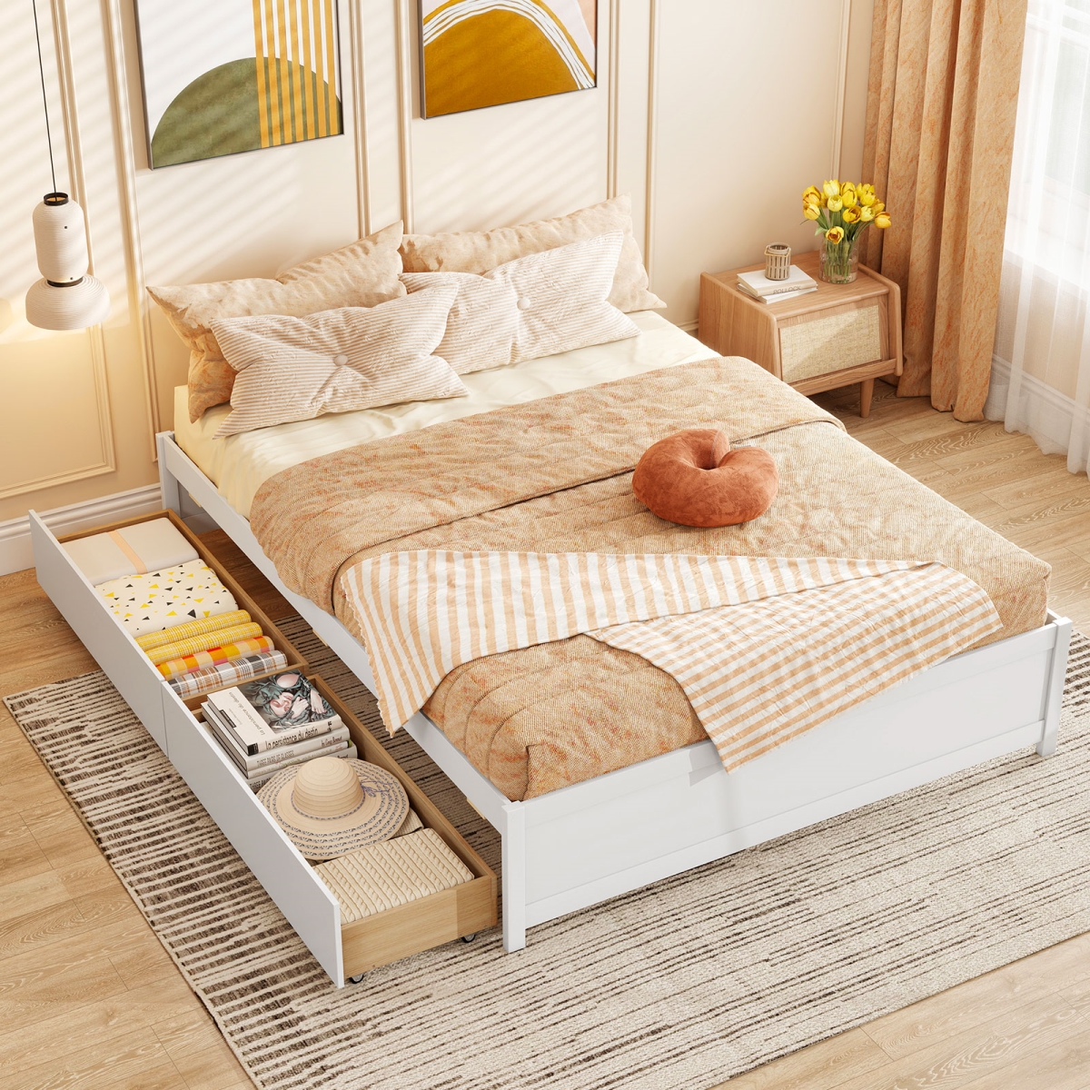 HU11165WH-Q Queen Size Bed Frame with 2 Rolling Storage Drawers - White