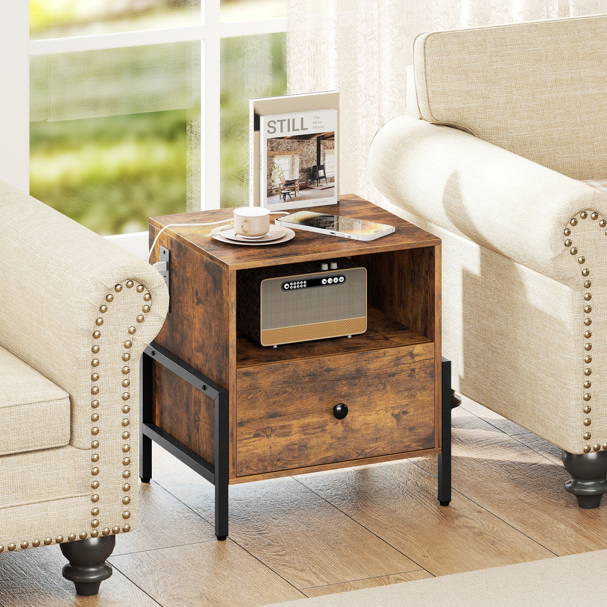 HU11112US-CF Nightstand with Charging Station & Drawer Sofa Side Table - Rustic Brown