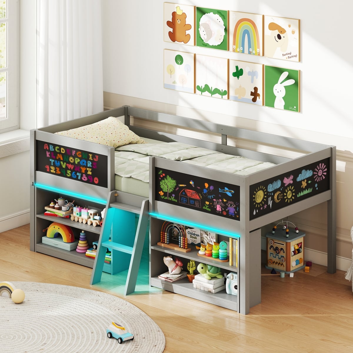 HU11150GY Low Loft Bed with LED Lights Kids Cabin Bed with Bookcases - Gray