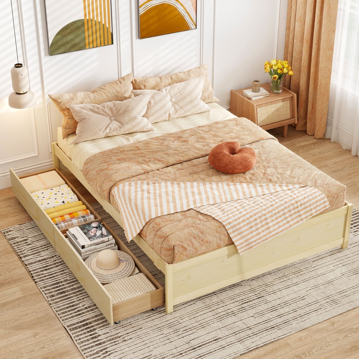 HU11165NA-Q Queen Size Bed Frame with 2 Rolling Storage Drawers - Natural