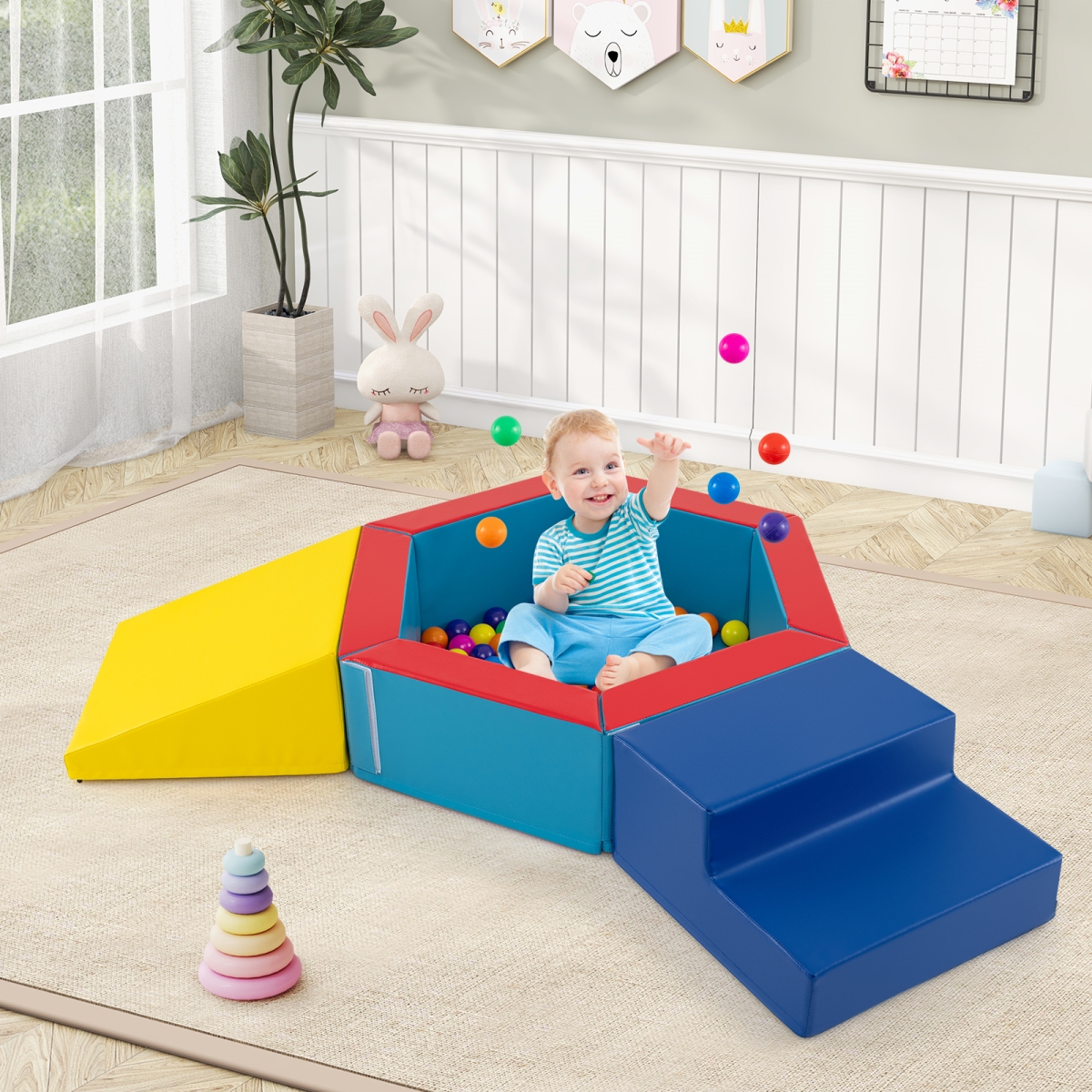 FH10141YW Baby Foam Climbing Blocks Climb & Crawl Set with 100 Ocean Balls - Yellow - 3 Piece