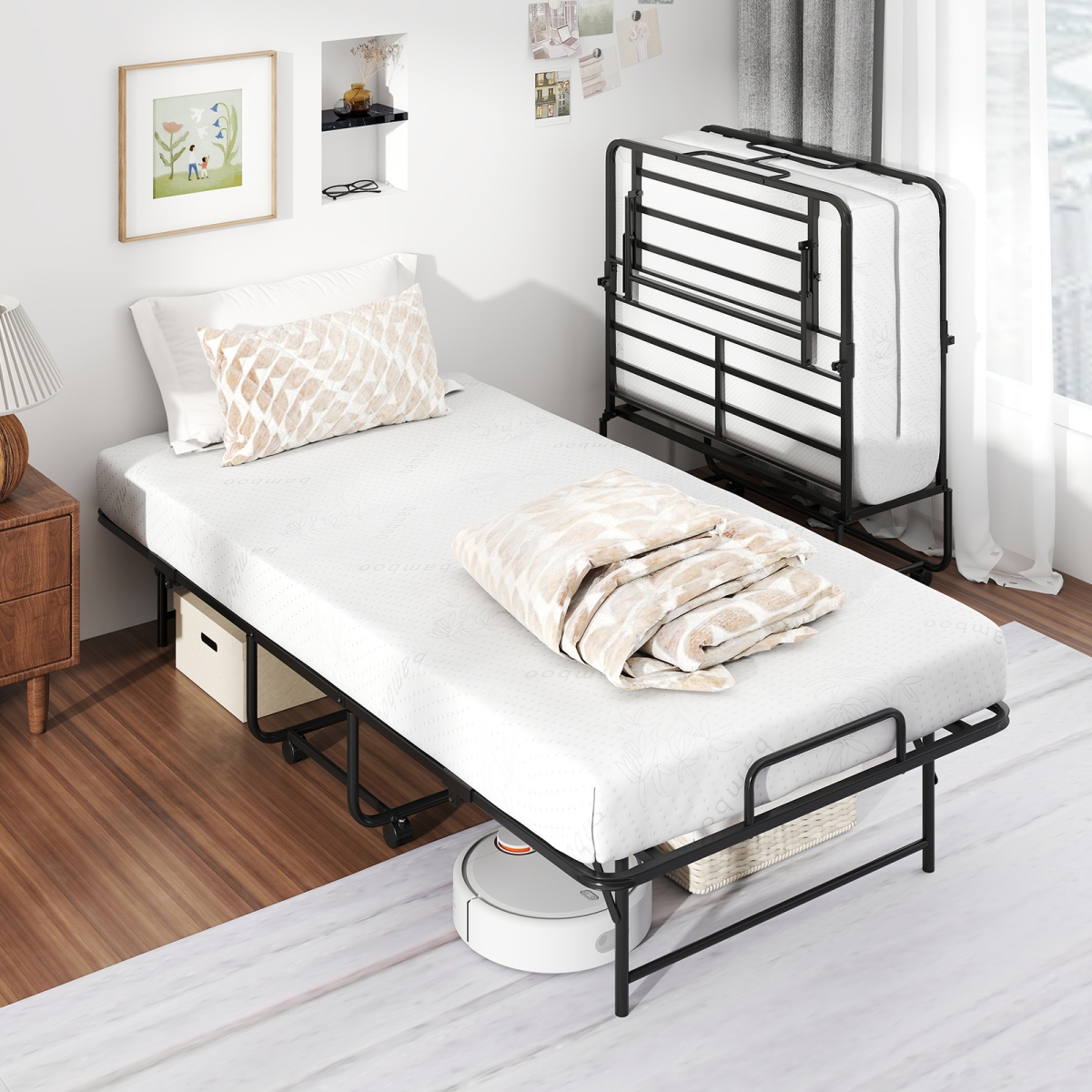 HU10990 75 x 38 in. Folding Bed with Mattress Twin Size Rolling Guest Bed