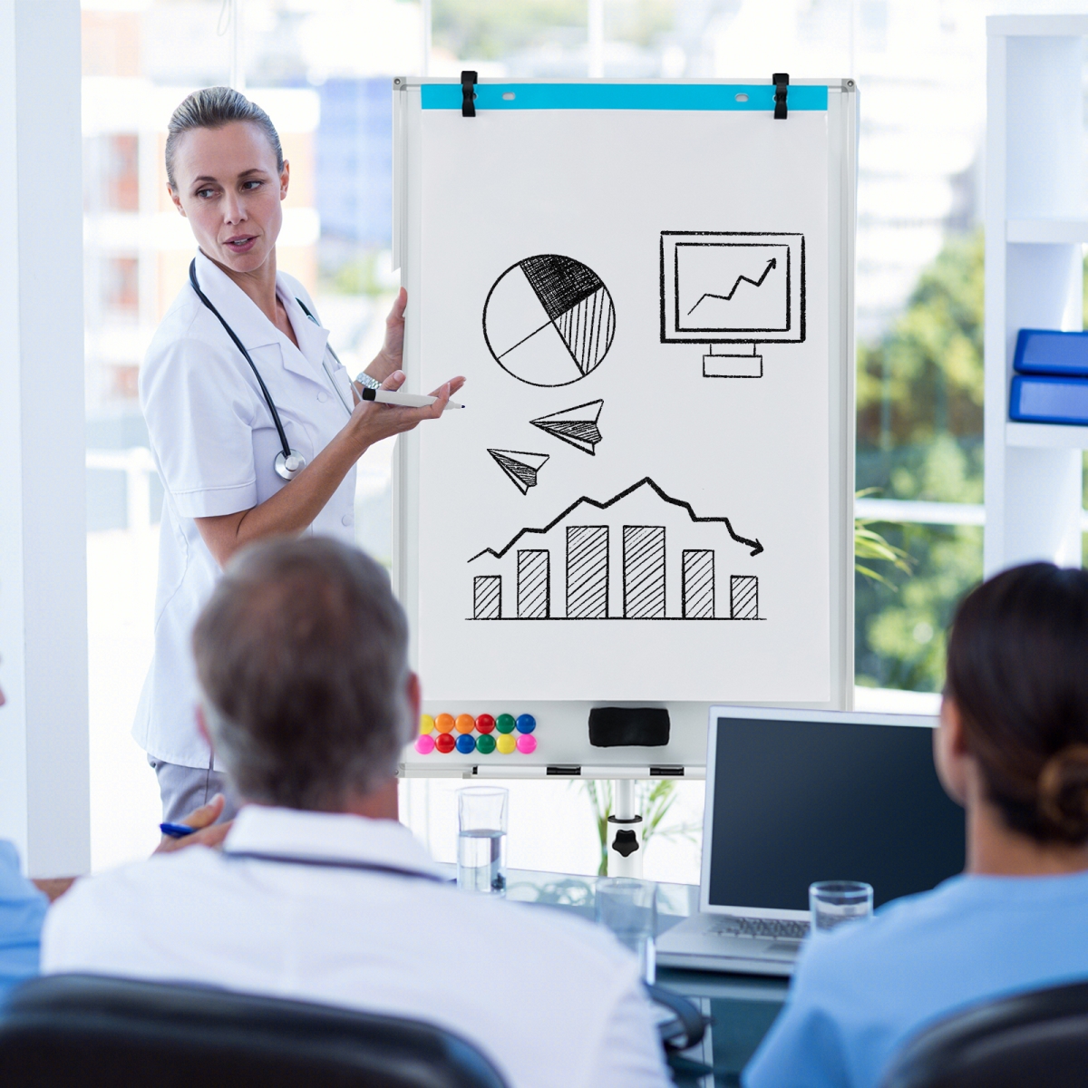 CB10424WH Height Adjustable Mobile Whiteboard with Round Stand Paper Clips - White