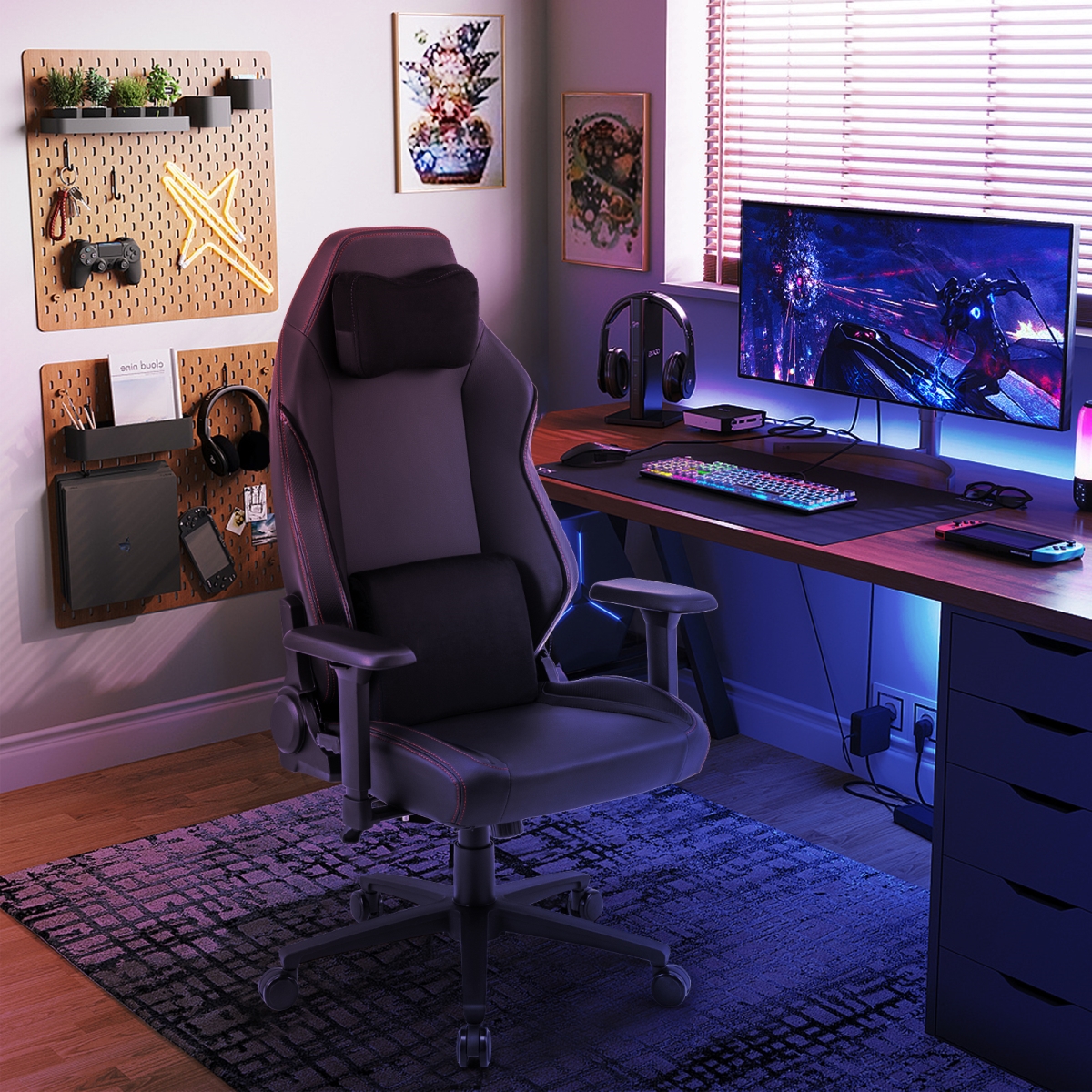 CB10720DK Ergonomic High Back Computer Chair with Magnetic Headrest & Lumbar Pillow - Black