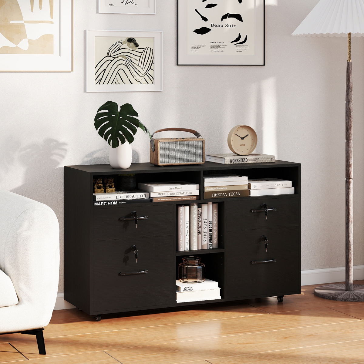 CB10903DK- File Cabinet with Lock Mobile Lateral Filing Storage Organizer Modern Rolling Printer Stand - Black