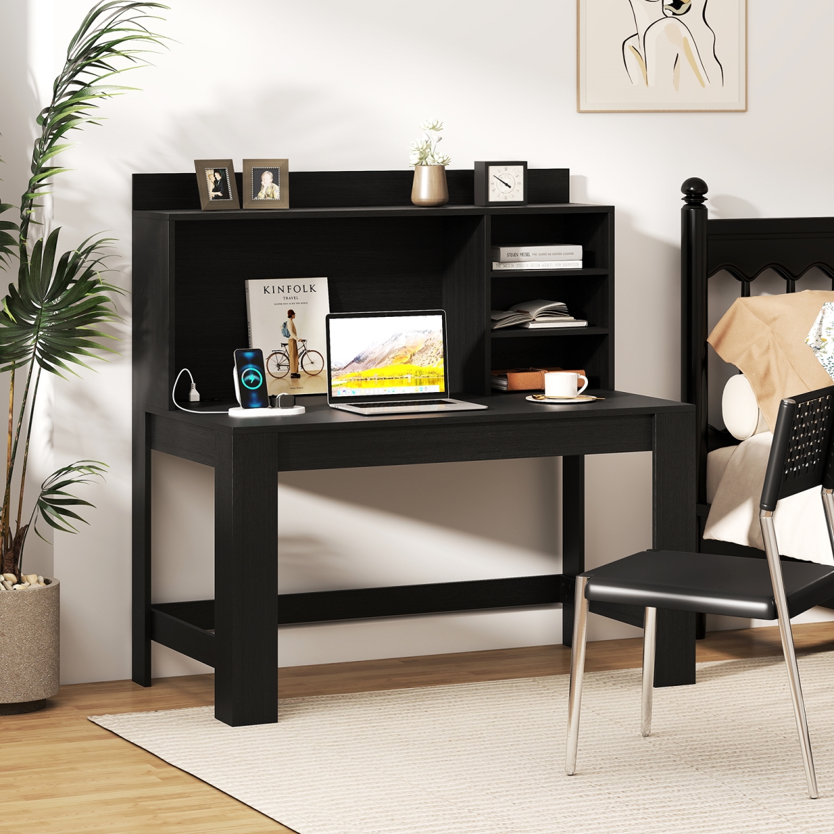 CB10779US-DK Modern Computer Desk with Hutch & Storage Shelves - Black