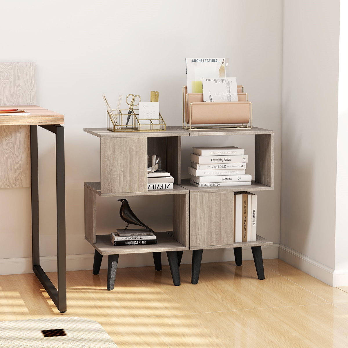 CB10909 3-Tier Geometric Bookshelf with Open Storage Shelves - Set of 2
