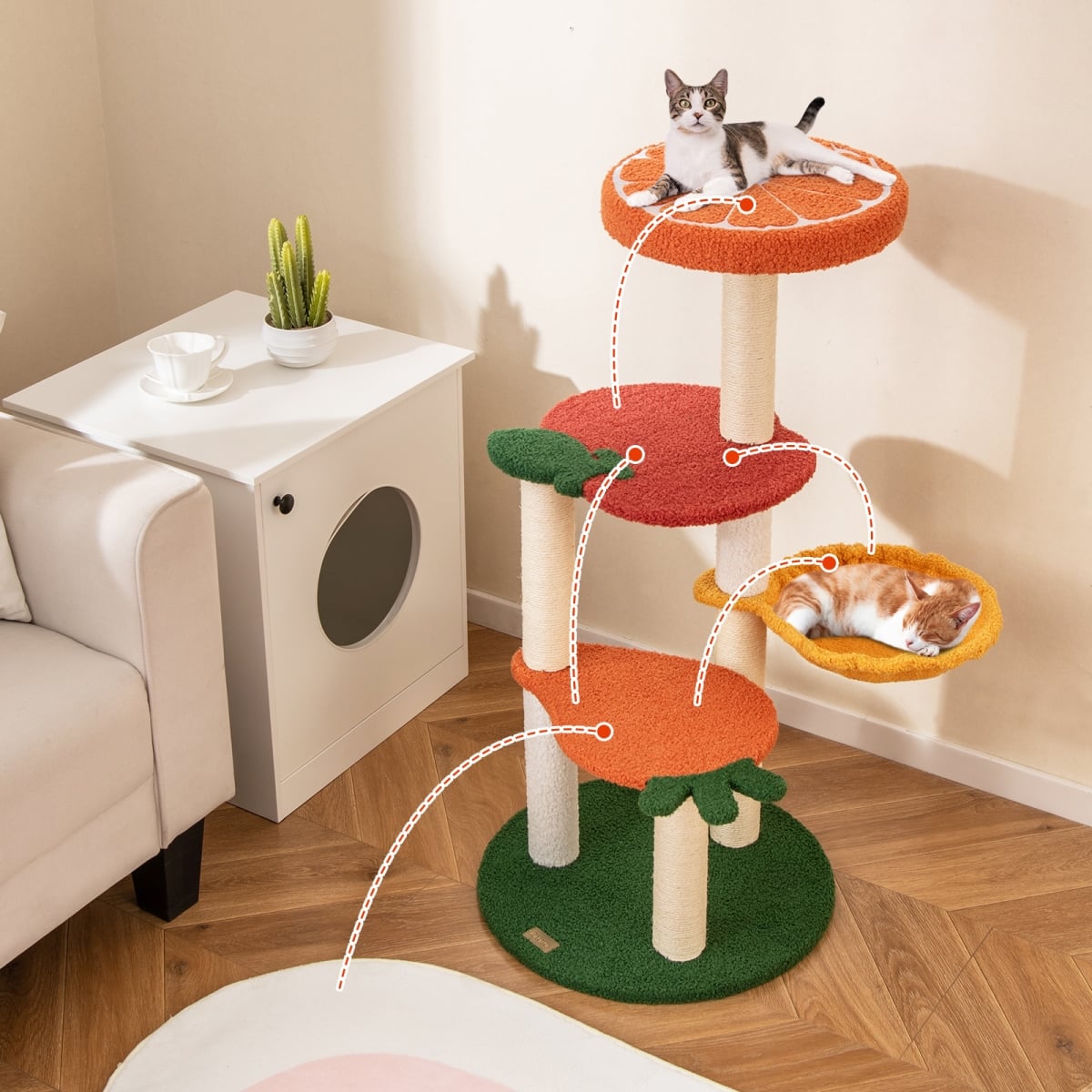PV10320CL Multi-Level Cat Tree Pet Activity Center with Fruit-Shaped Platforms - Red & Orange