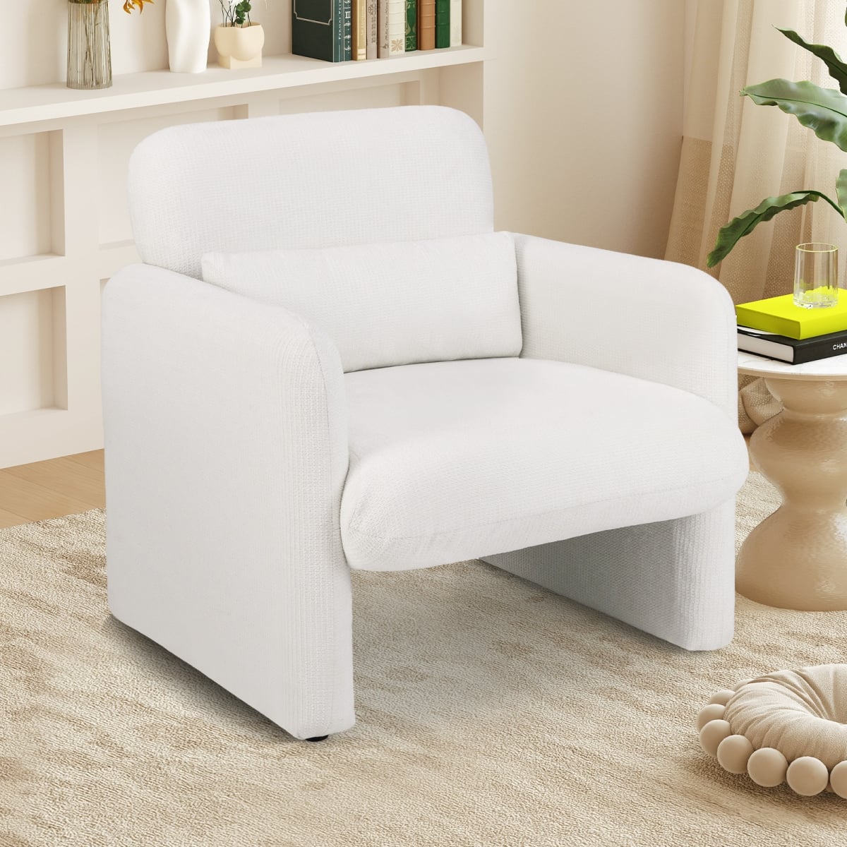 HV10666WH Modern Upholstered Chenille Accent Chair with Removable Lumbar Pillow - White