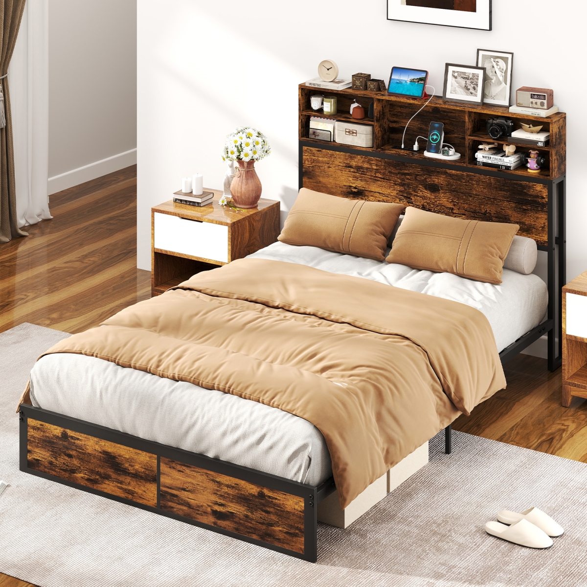 HU10817CF-F Bed Frame with Storage Headboard Industrial Metal Platform Bed - Full Size