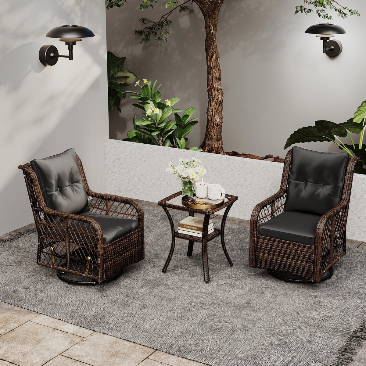 HW74044DK Patio Furniture Set with PE Wicker Swivel Glider Chairs with 2-Tier Side Table & Cushions - Black - 3 Piece