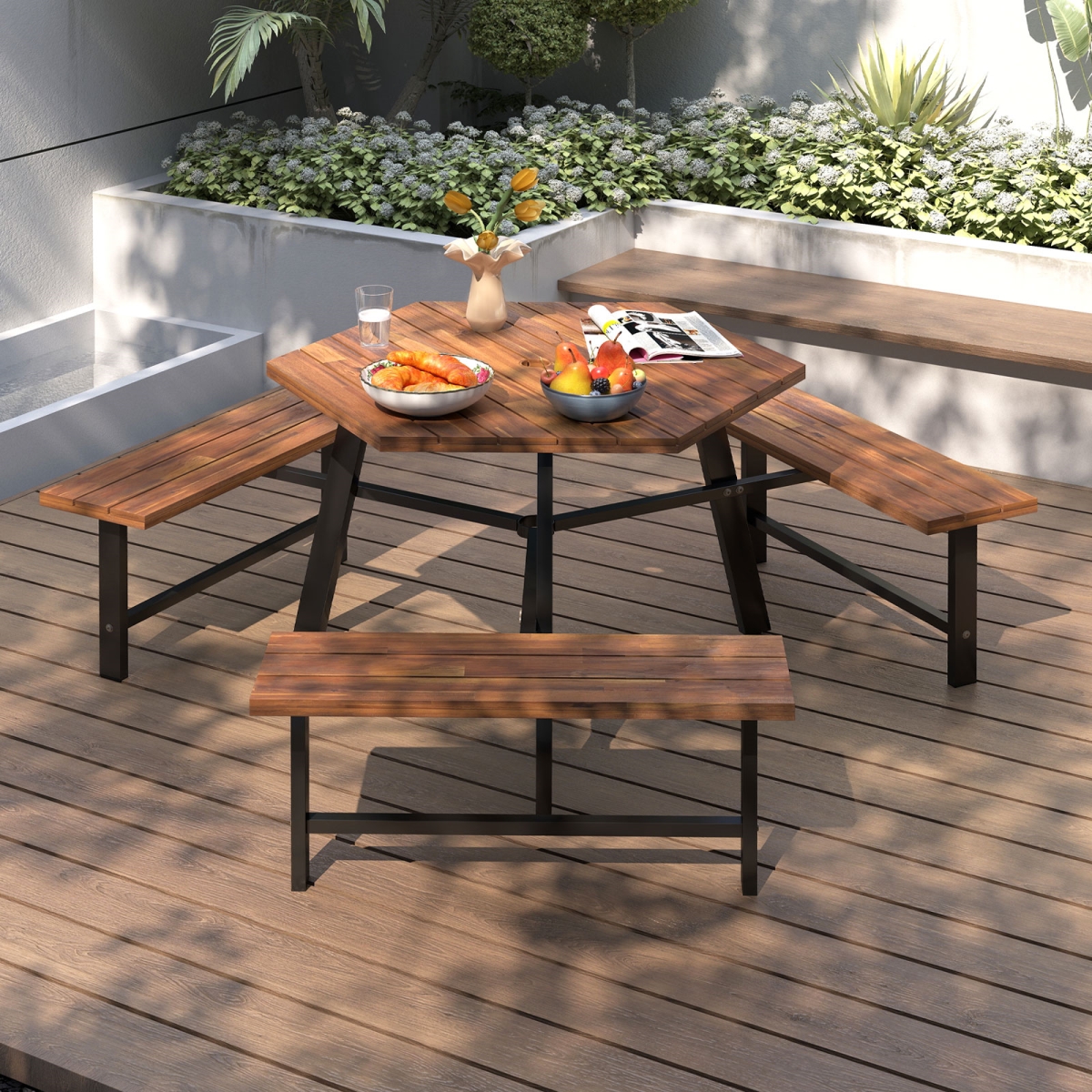 HW74054 6 Person Acacia Wood Picnic Table Bench Set with 3 Seats