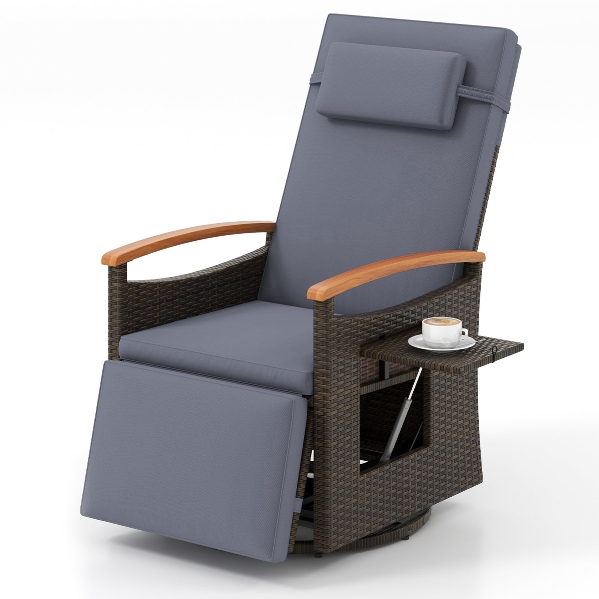 HW74097GR Patio Rattan 360 deg Swivel Recliner Chair with Adjustable Backrest & Footrest - Gray