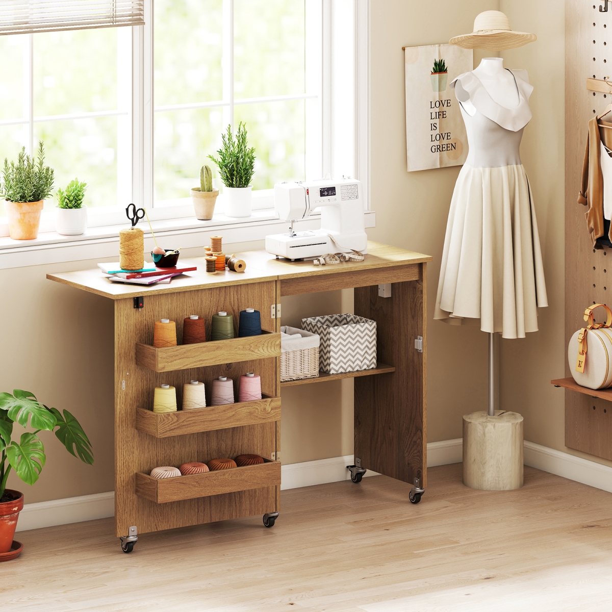 HW73607US-NA Sewing Machine Table with Charging Station & Lockable Casters - Natural