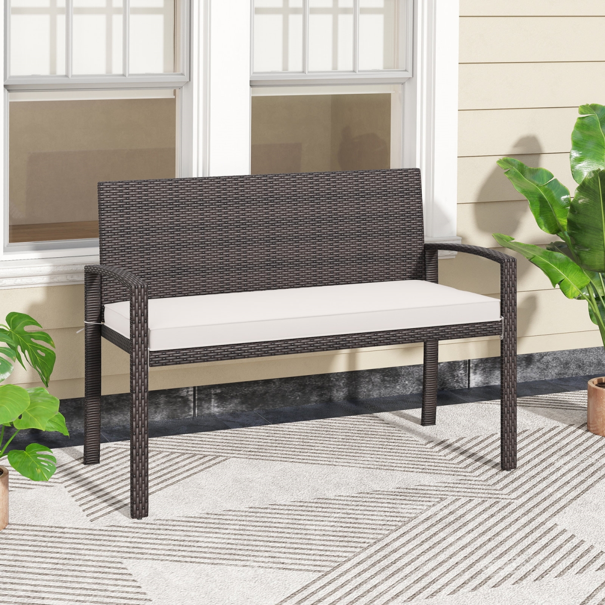 HW73658WH Wicker 2-Seat Bench with Soft Seat Cushion & Metal Frame - White