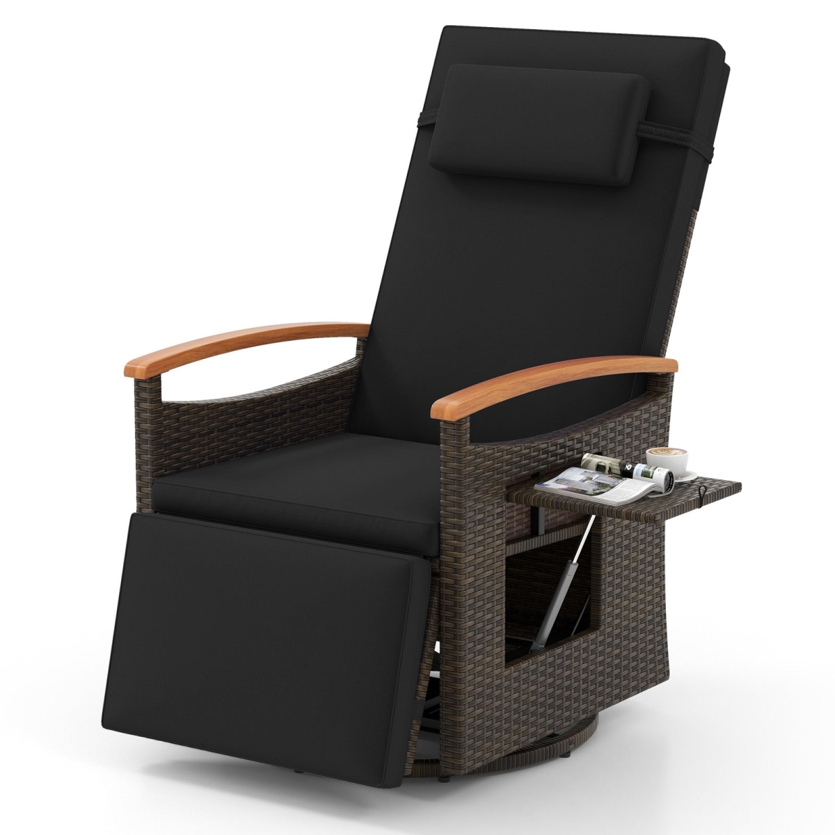 HW74097DK Patio Rattan 360 deg Swivel Recliner Chair with Adjustable Backrest & Footrest - Black