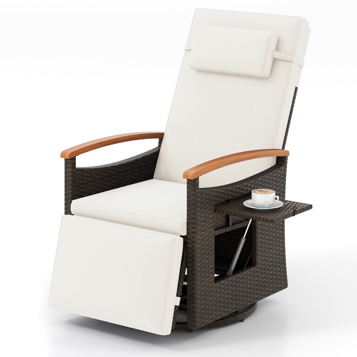 HW74097WH Patio Rattan 360 deg Swivel Recliner Chair with Adjustable Backrest & Footrest - White