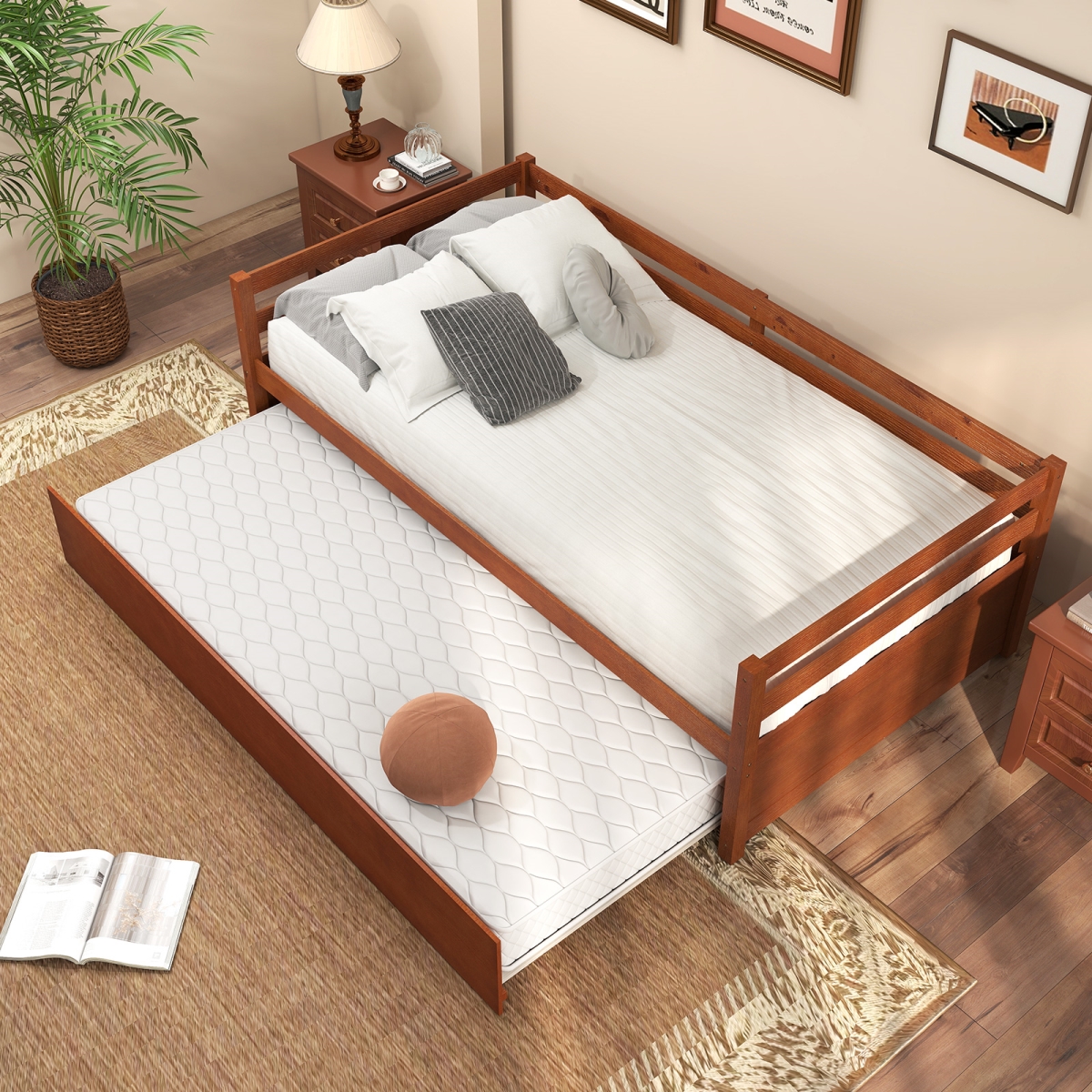 HW64316HT Twin Size Trundle Platform Bed Frame with Wooden Slat Support - Walnut