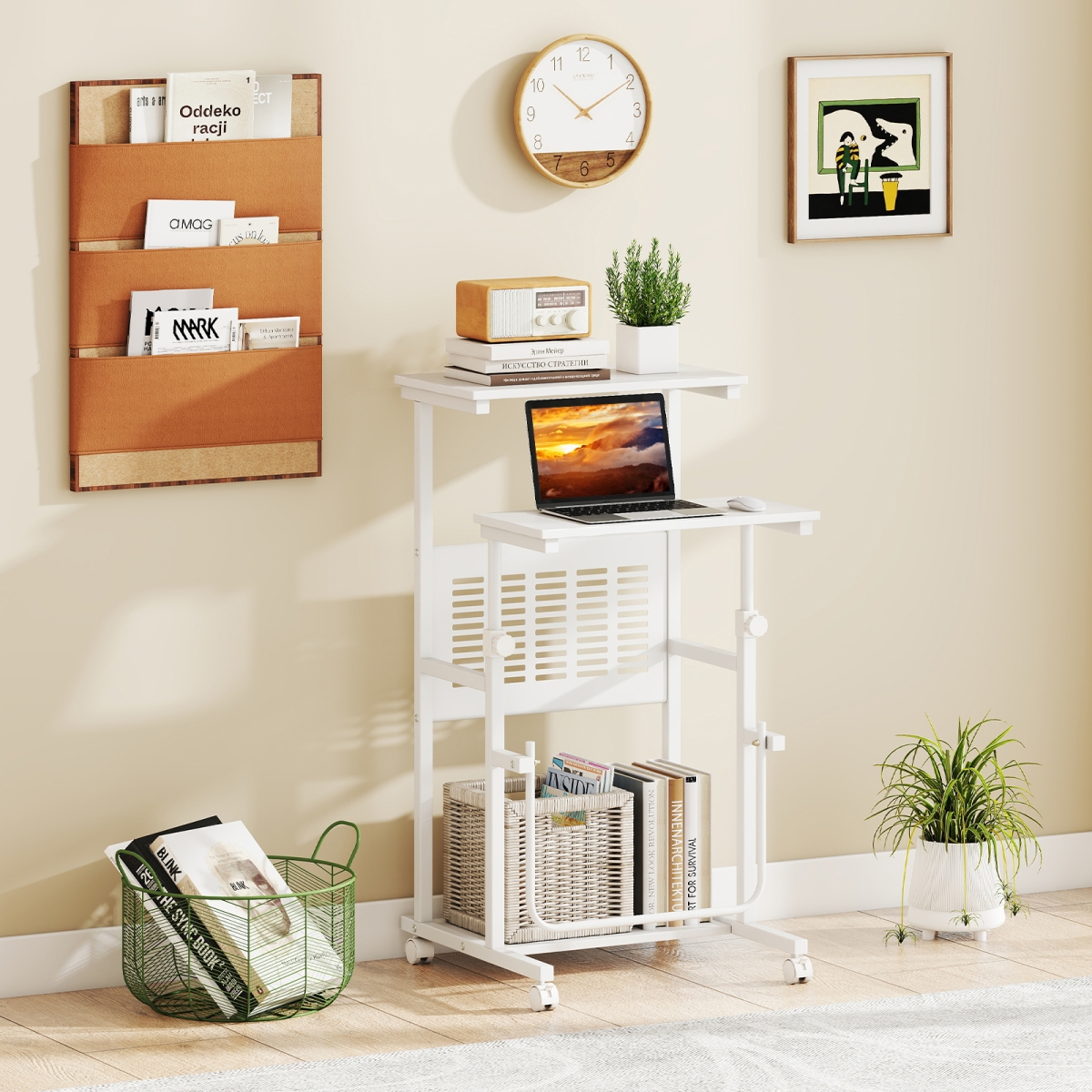 HW65867WH Height Adjustable Mobile Computer Stand-Up Desk with Two Modes - White