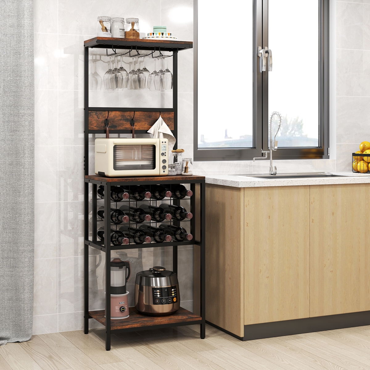 Picture of Costway JV12037CF Freestanding Wine Rack Floor Wine Bar Cabinet with Glass Racks - Rustic Brown