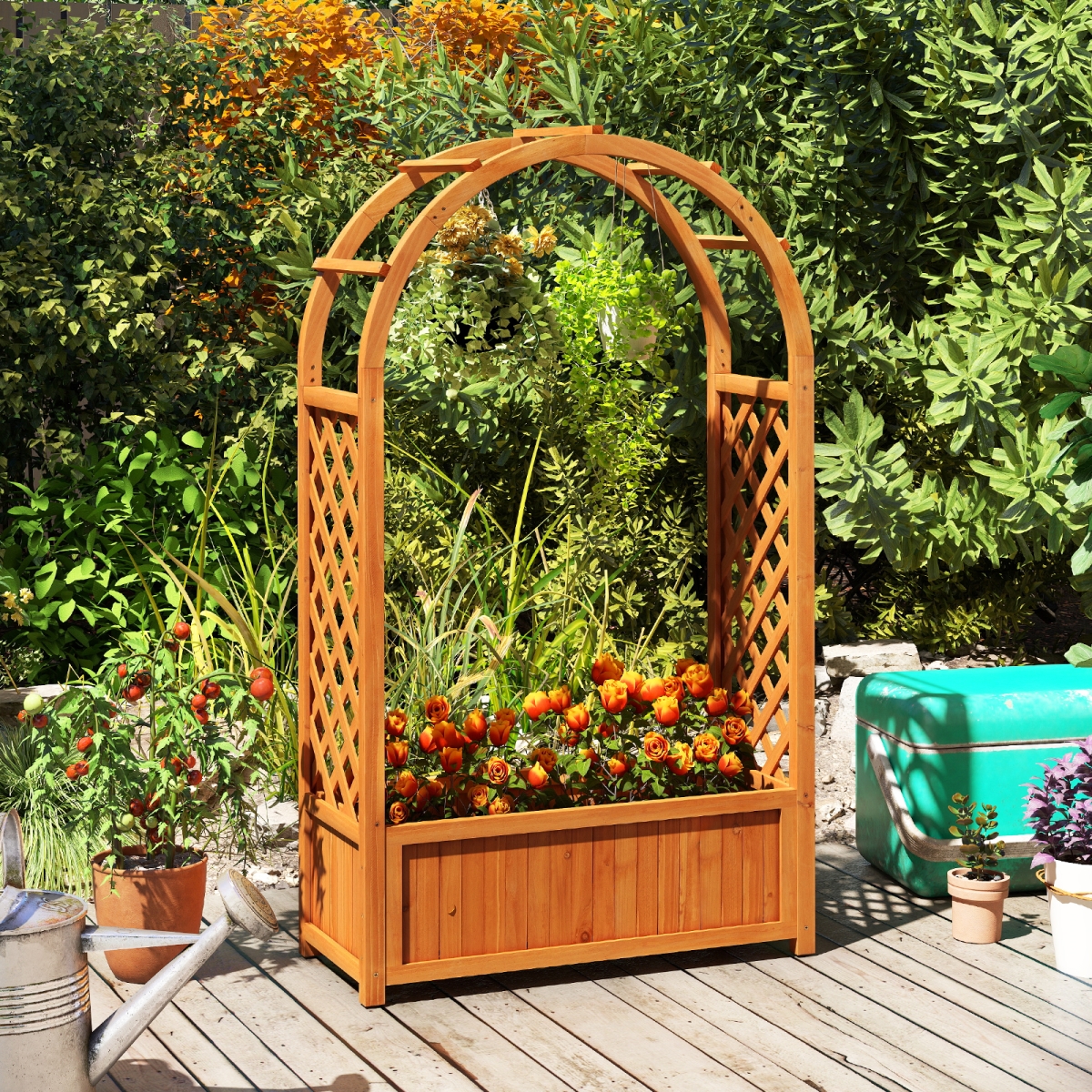 GT4442CF Raised Garden Bed with Lattice Trellis Arched Roof Wooden Elevated Planter Box - Brown