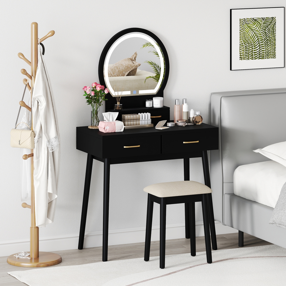 HU10994BK Small Vanity Makeup Dressing Table Set with Cushioned Stool & LED Lighted Mirror - Black