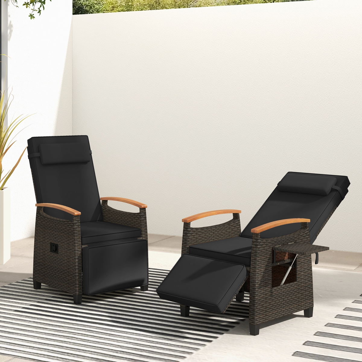 HW72339DK Patio Wicker Recliner Chair with Adjustable Backrest & Footrest - Black