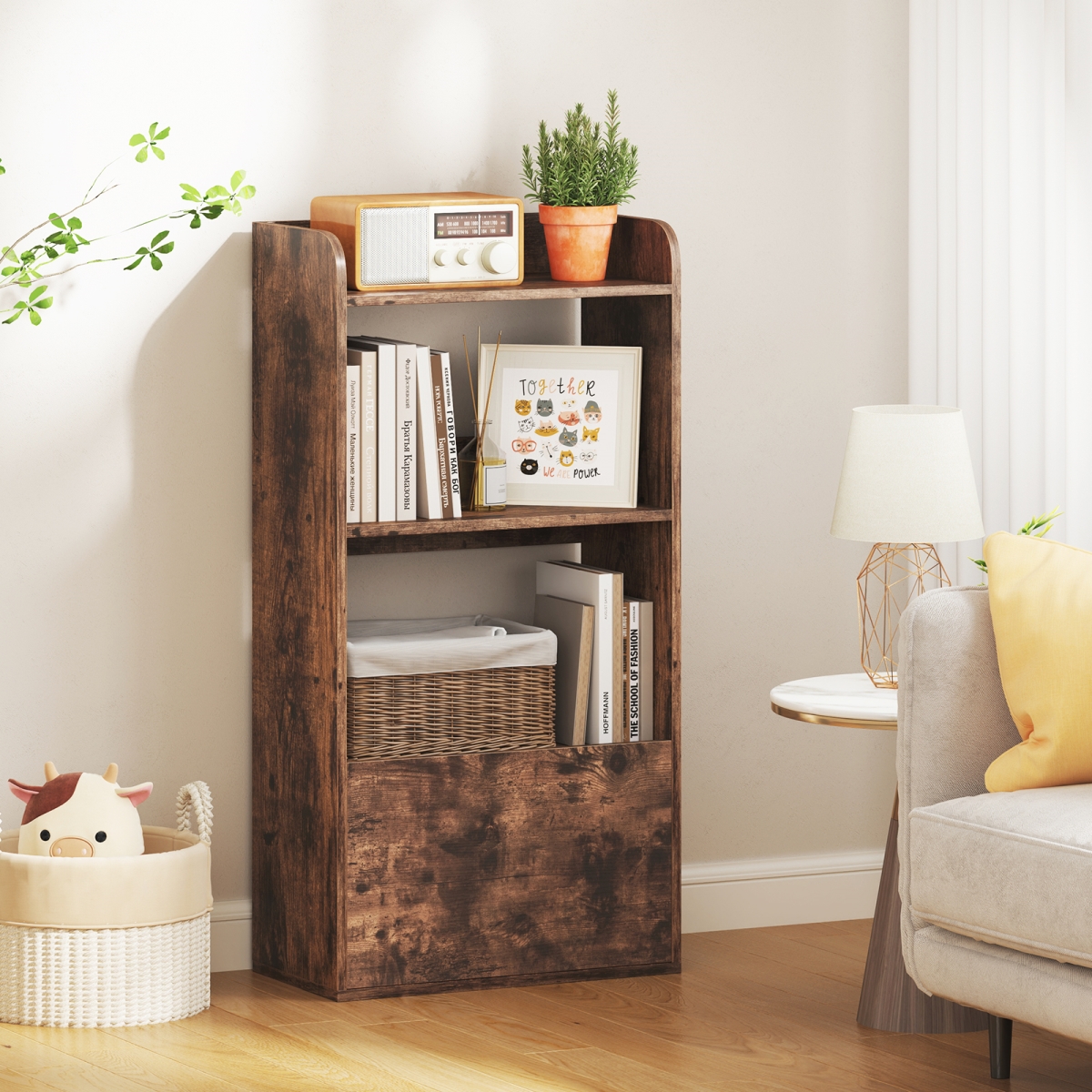 JV11625CF Freestanding Bookshelf with 3-Tier Open Shelf - Rustic Brown