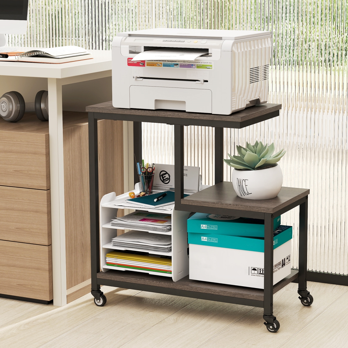 JV11395GR G-Shaped Side & End 3-Tier Mobile with Open Shelves - Gray