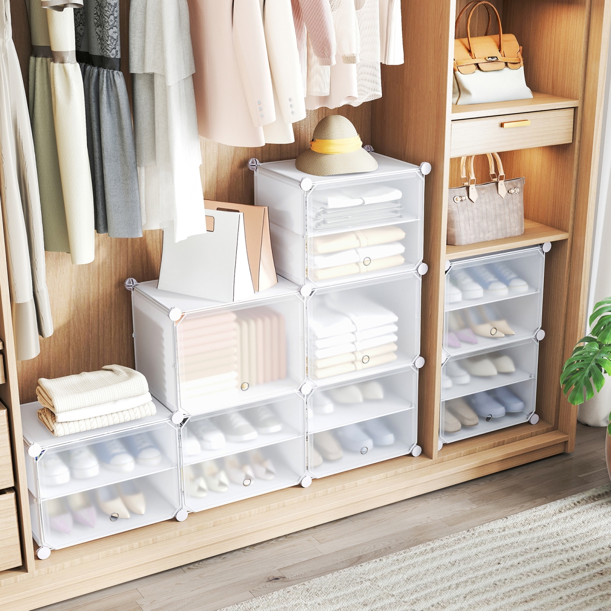 JZ10059WH 12-Cube 48 Pairs Portable Shoe Shelves with Hook - White