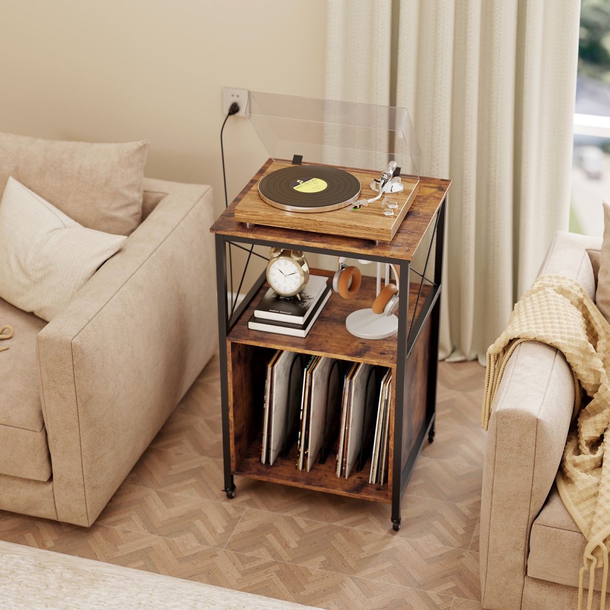 JV12081US-CF Mobile Record Player Stand with Power Outlet with Open Shelf & Dividers - Rustic Brown